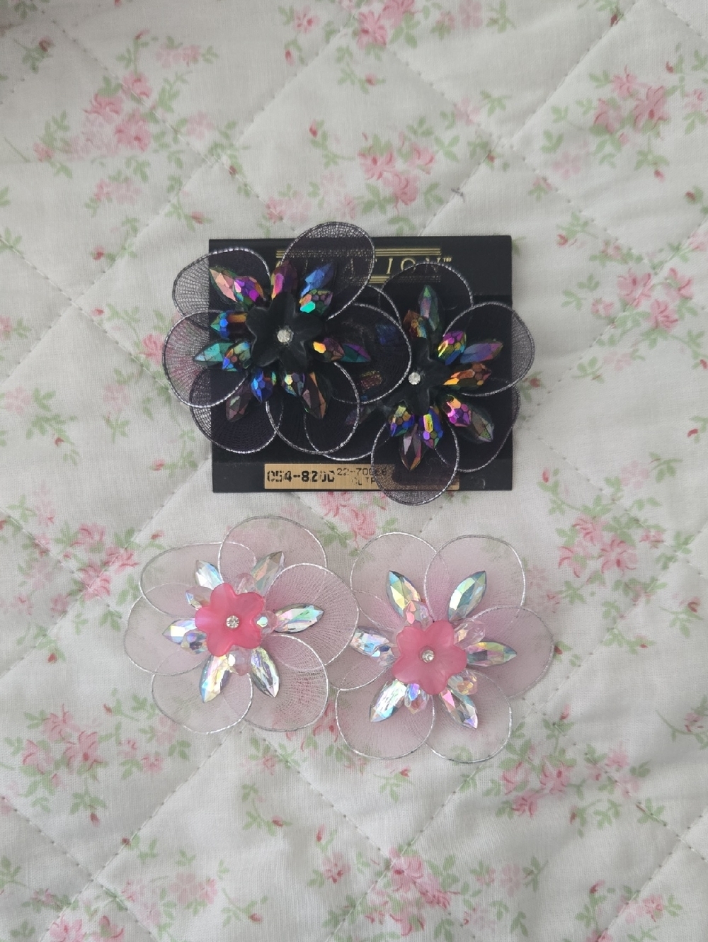 Floral Sequin Mesh Hair Clips - Black & Pink